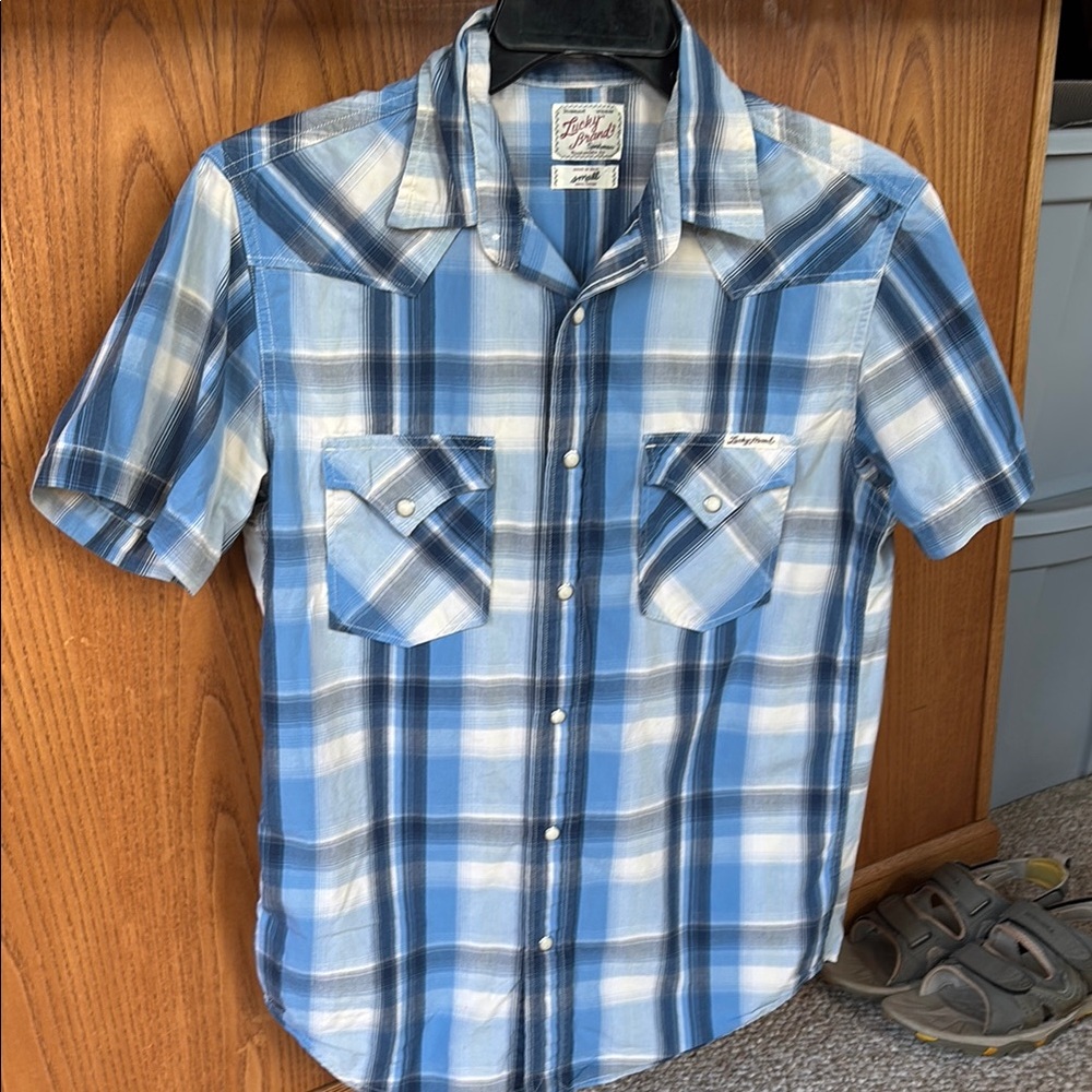 Lucky western Ely Cattleman Blue and White Casual Button Down Shirt, size small